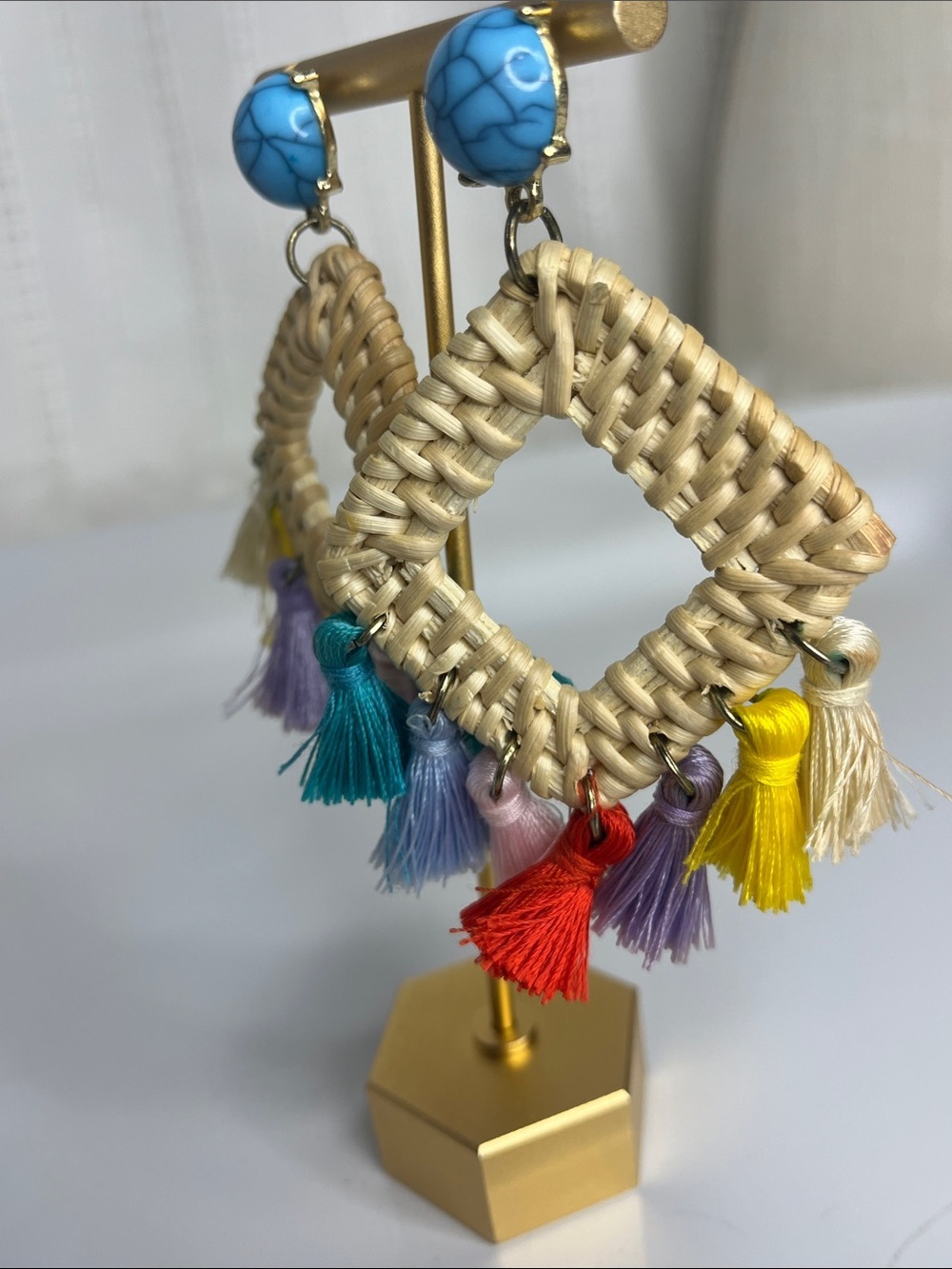 Boho Woven Diamond Tassel Earrings with Turquoise Button - Picture 2 of 6